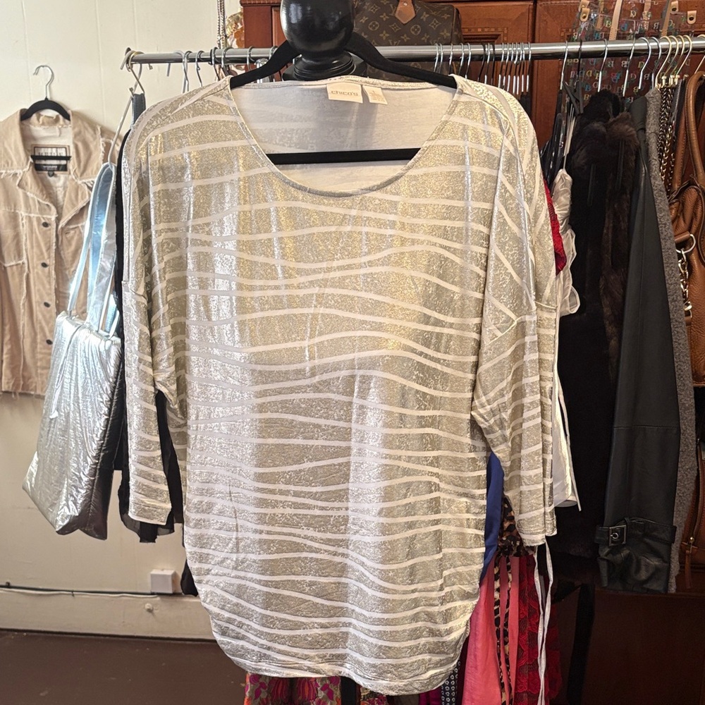 Chico's Silver and White Striped Scoop-Neck Tunic - Picture 4 of 5
